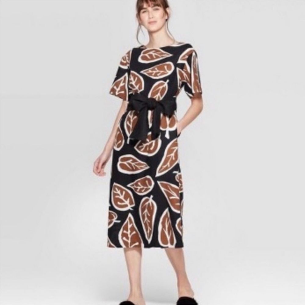 Who What Wear brown leaf black print midi dress linen blend sz M side pockets